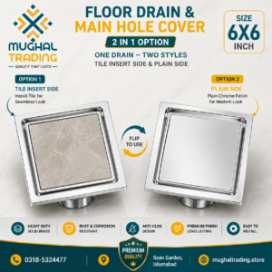 Premium Solid Brass 6x6 Tile Insert Floor Drain – 2-in-1 Reversible Cover (Chrome Finish)
