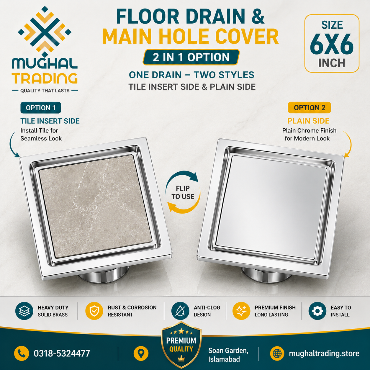 Premium Solid Brass 6x6 Tile Insert Floor Drain – 2-in-1 Reversible Cover (Chrome Finish)