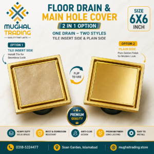 Premium Solid Brass 6x6 Tile Insert Floor Drain – 2-in-1 Reversible Cover (Gold Finish)