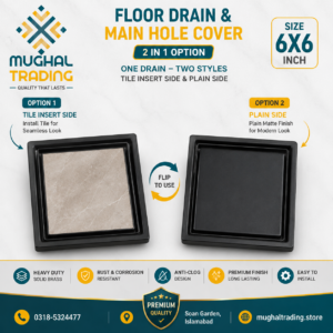 Premium Solid Brass 6x6 Tile Insert Floor Drain – 2-in-1 Reversible Cover (Matte Black)
