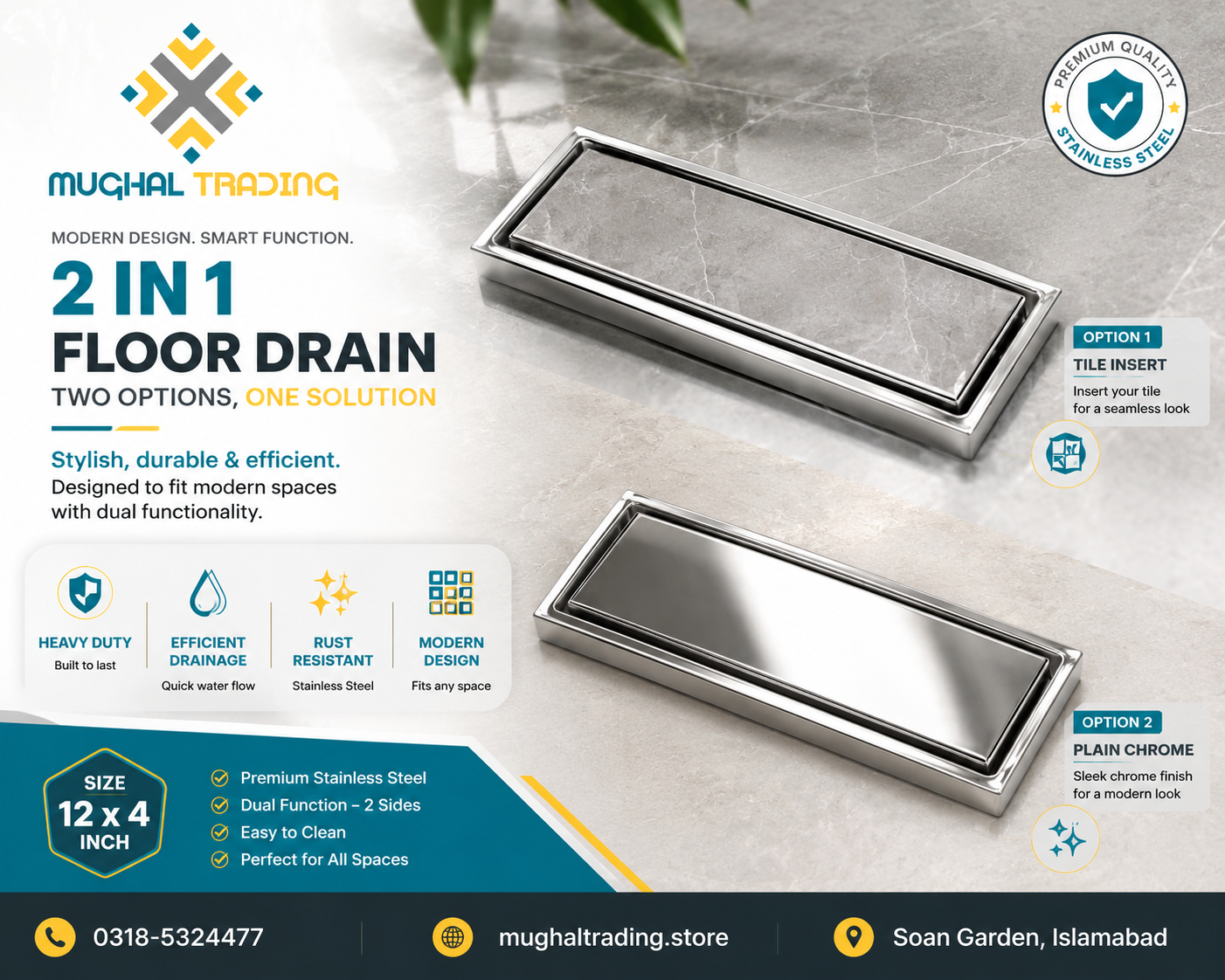 Premium 12 Inch Tile Insert Floor Drain – Heavy Duty Stainless Steel Linear Drain